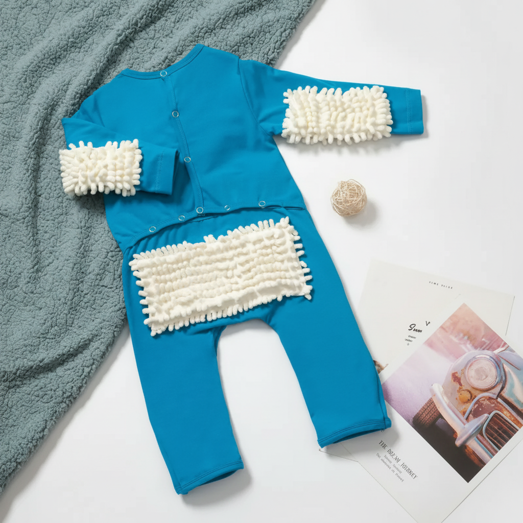 Back view of a blue baby jumpsuit with white fiber patches on the seat and sleeves