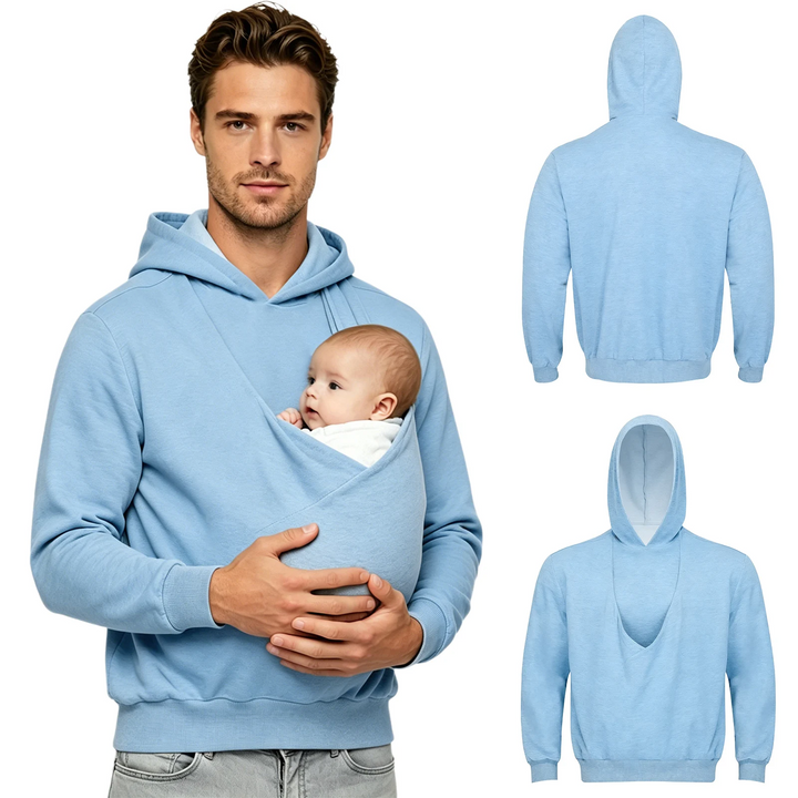 Blue baby-pouch hoodie modeled with a baby, alongside front and back garment views