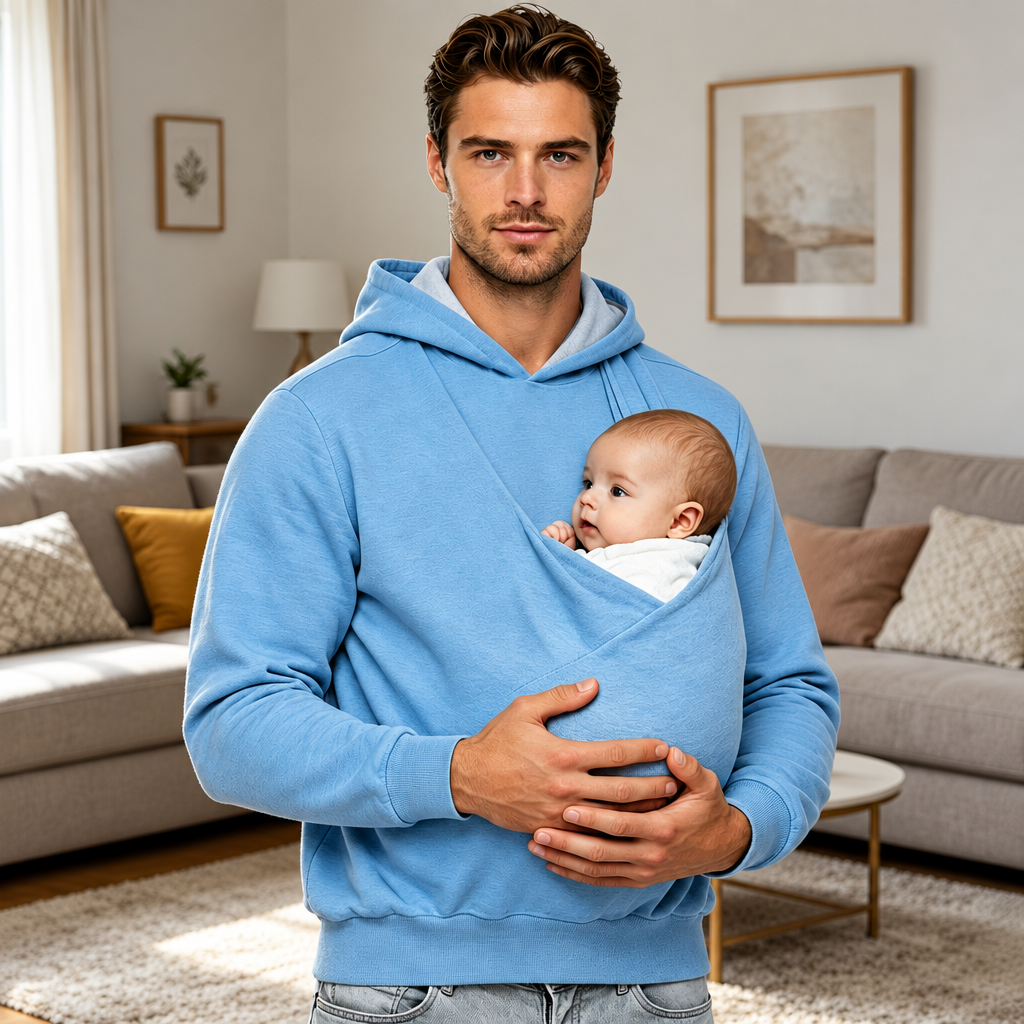 Man wearing a blue hoodie with a baby in the front pouch indoors