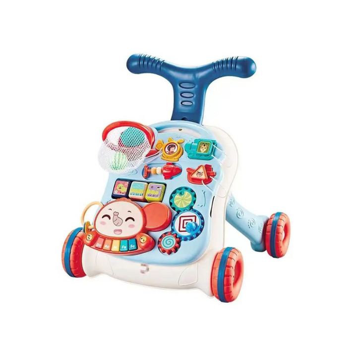 Blue baby push walker with an activity panel, colorful keys, and a mini basketball hoop