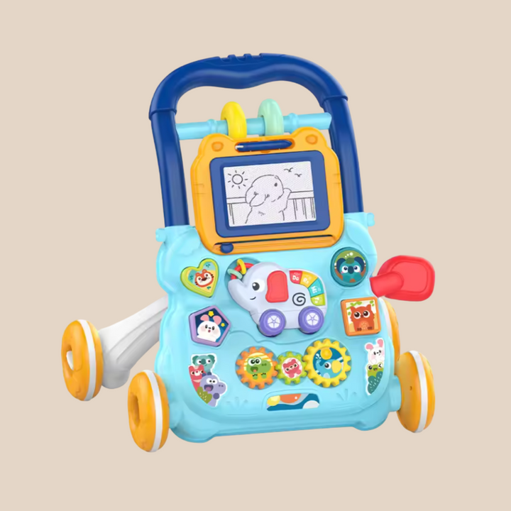 Blue baby push walker with an activity panel, drawing board, and yellow wheels