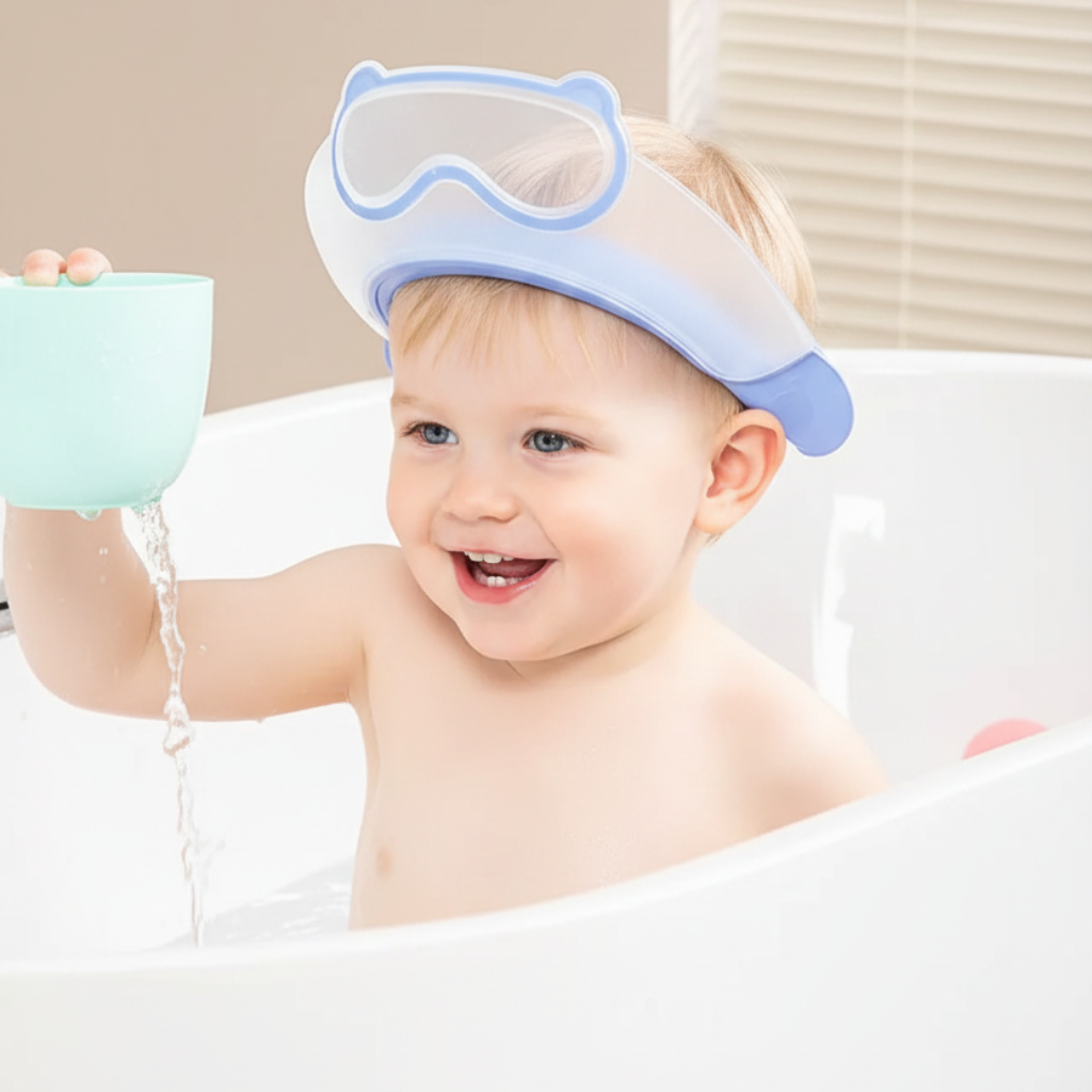 Child wearing a blue baby shower cap in the bathtub and holding a rinse cup