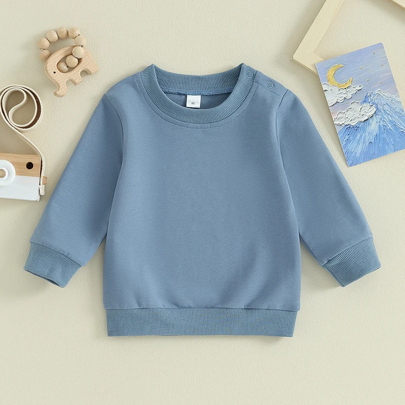 Blue baby sweatshirt with a crew neck, long sleeves, and ribbed hem