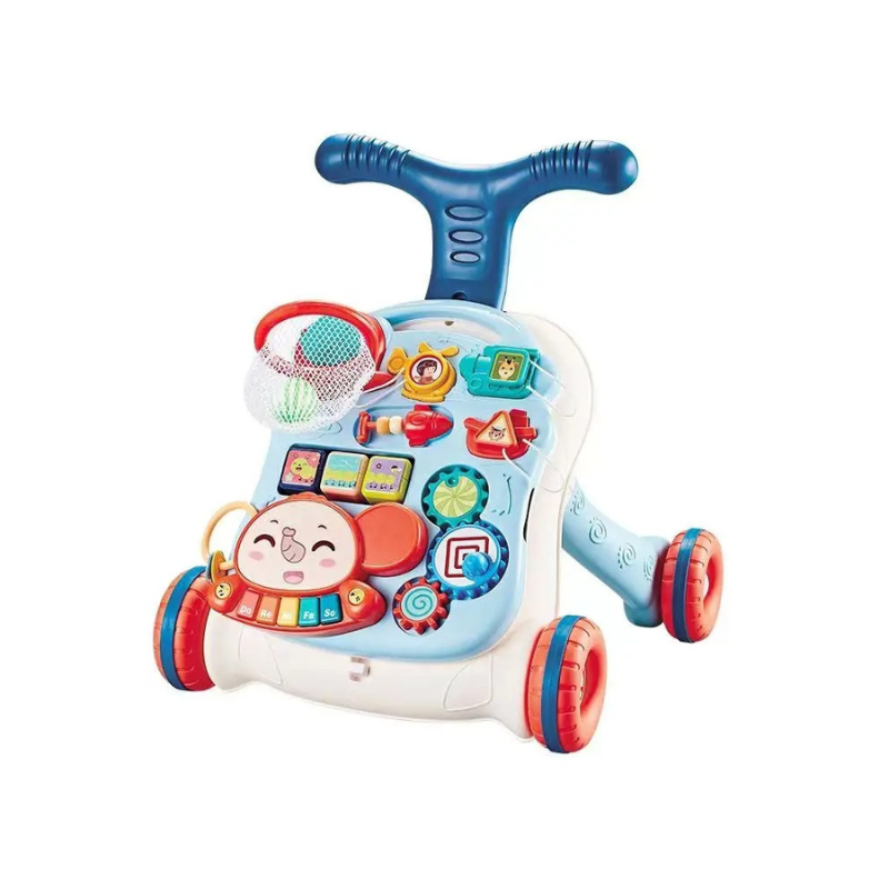 Blue baby walker with a white activity panel, colorful buttons, and mini basketball hoop.