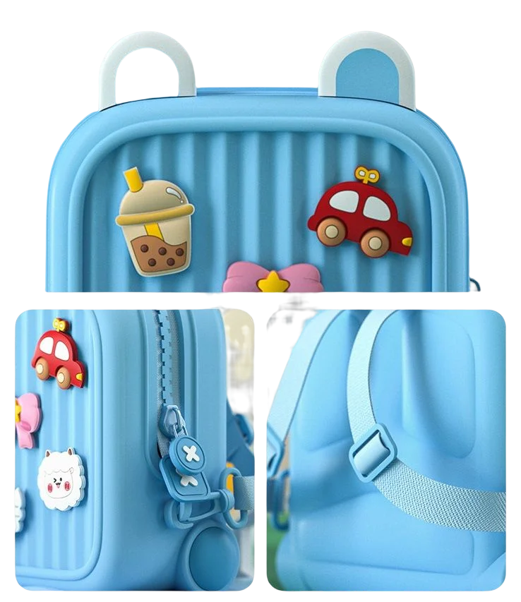 Blue backpack detail collage showing the zipper, shoulder strap buckle, and contoured back