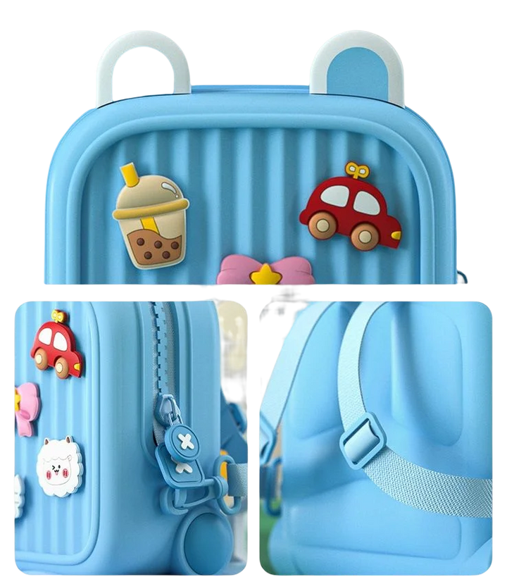Blue backpack detail collage showing the zipper, shoulder strap buckle, and contoured back