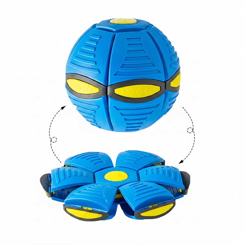 Blue ball toy shown in round and flat disc forms with curved arrows