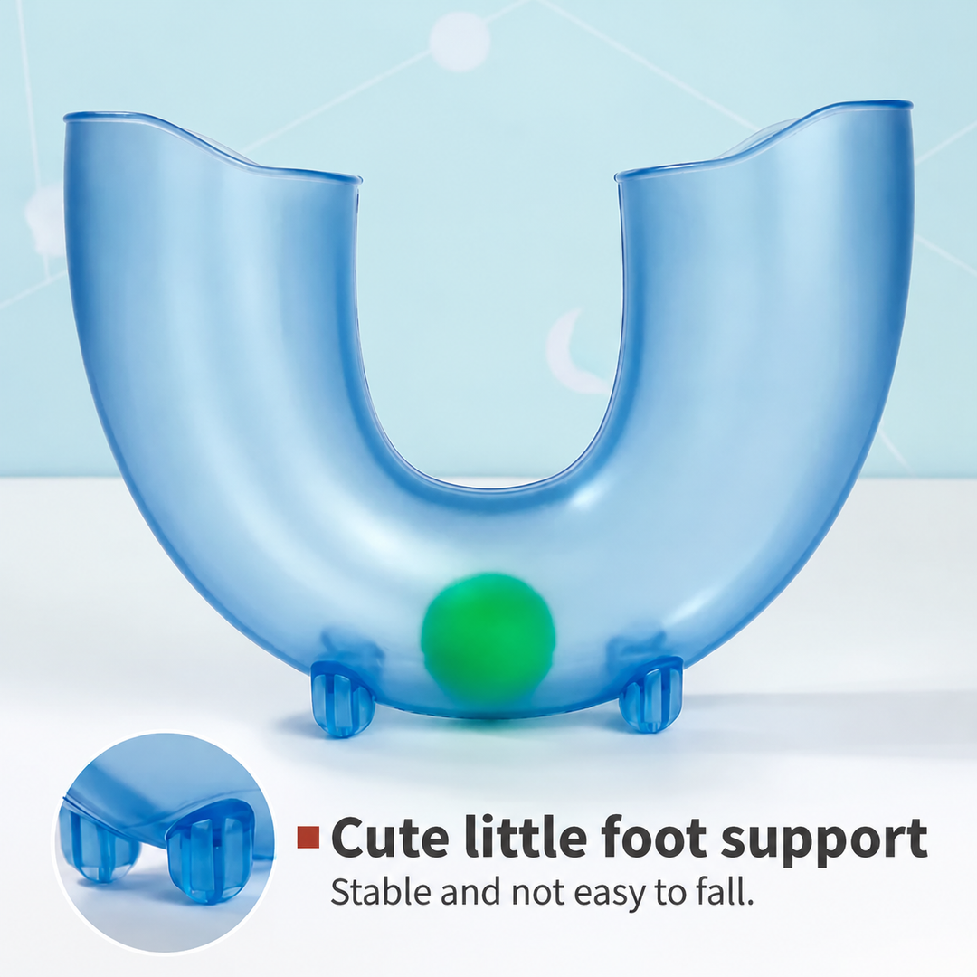 Light blue ball skills tube holding a green ball, with a close-up of its support feet