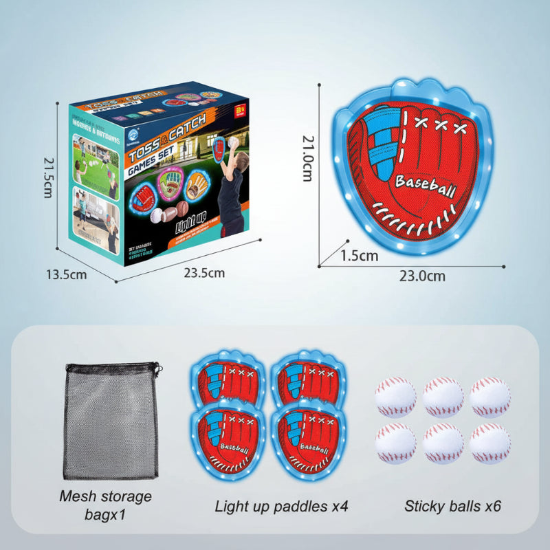 Blue baseball-style catch set with four paddles, six white balls, and a mesh bag