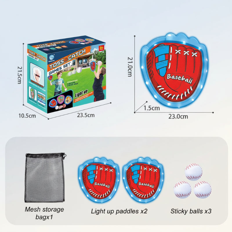 Blue baseball-style catch set with two paddles, three white balls, and a mesh bag