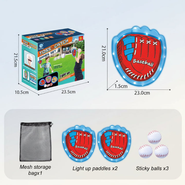Blue baseball-style catch set with two paddles, three white balls, and a mesh bag