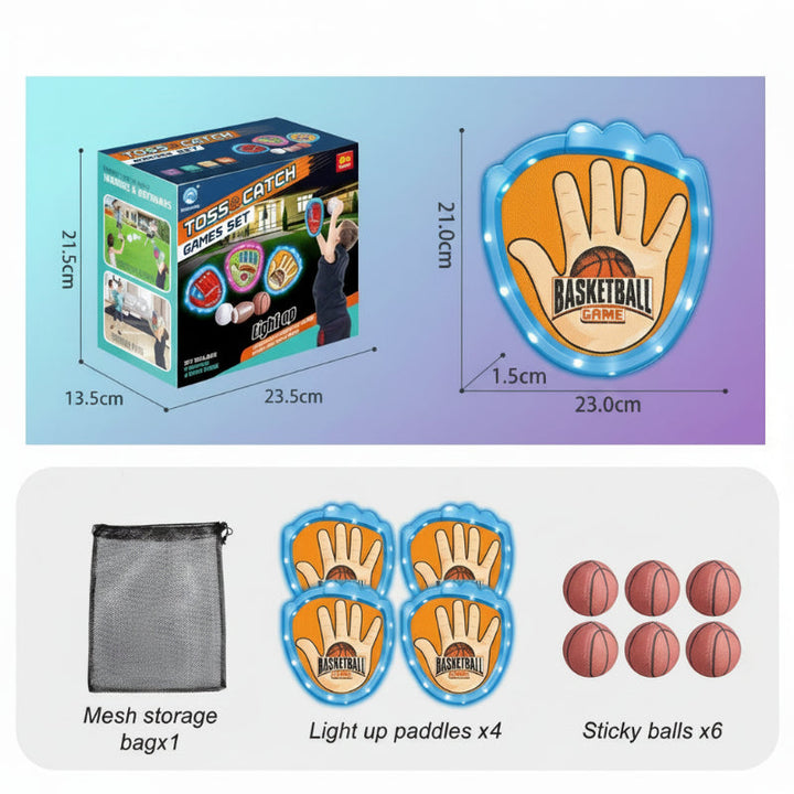 Blue basketball-style set with four paddles, six balls, a mesh bag, and measurements