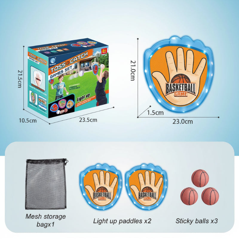 Blue basketball-style set with two paddles, three balls, a mesh bag, and measurements