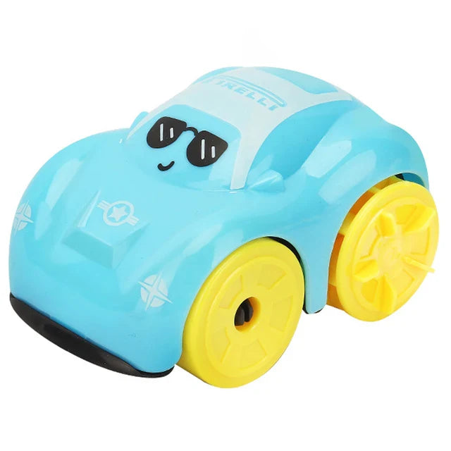 Blue car bath toy with yellow wheels and a cartoon face on the windshield.