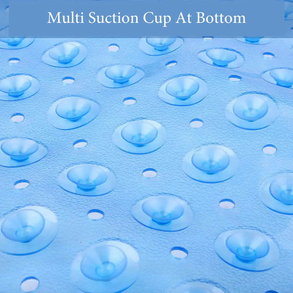Close-up of the bath mat's blue underside with rows of suction cups and small holes