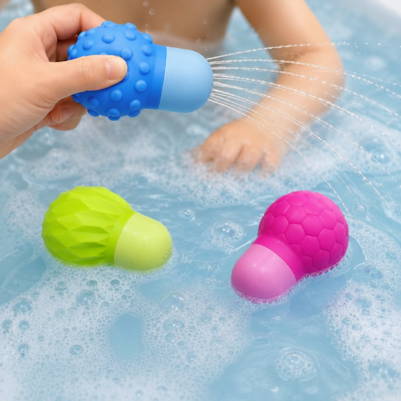 Hand squeezing a blue textured bath squirter as pink and green squirters float nearby