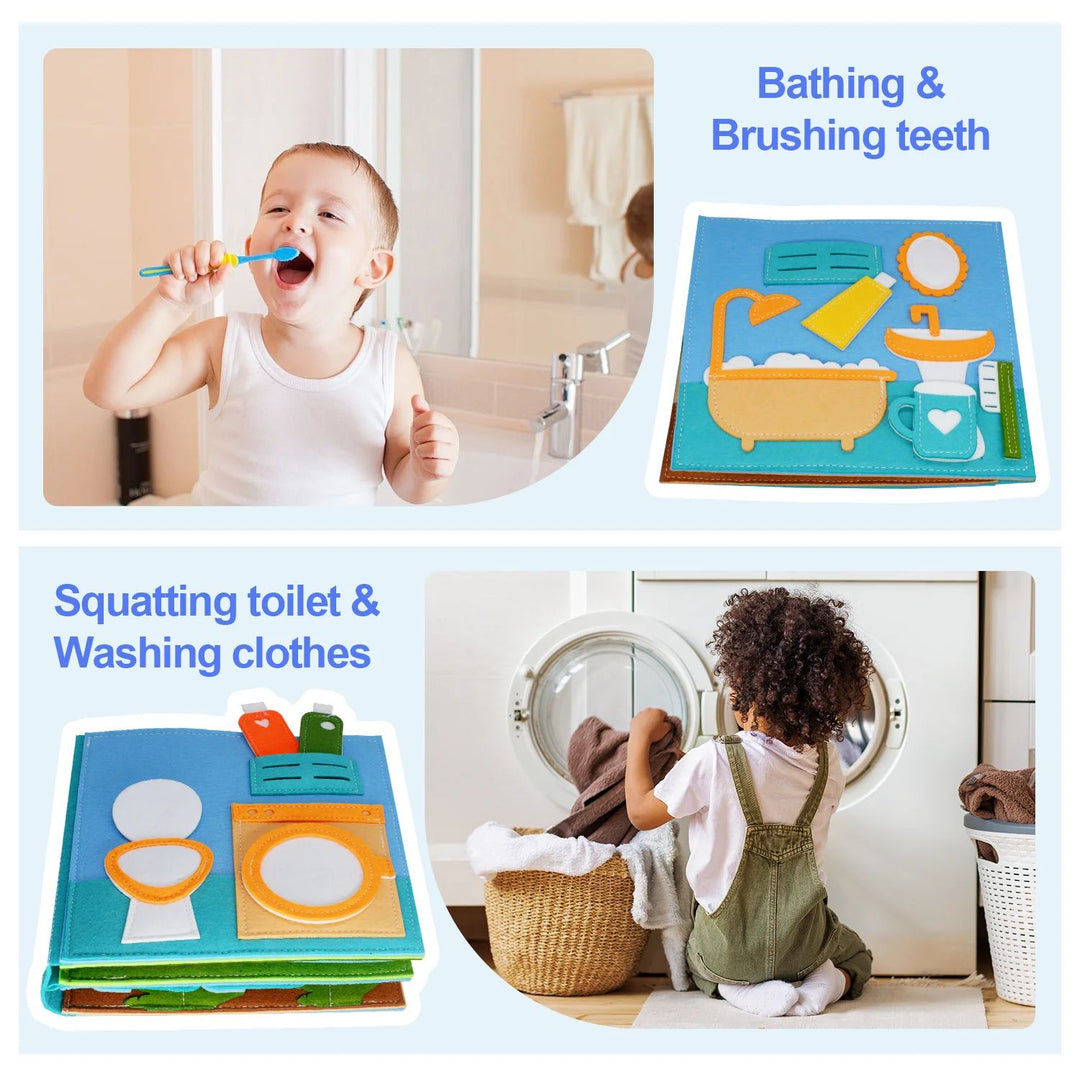 Bathroom and laundry activity pages paired with toothbrushing and washing-machine scenes