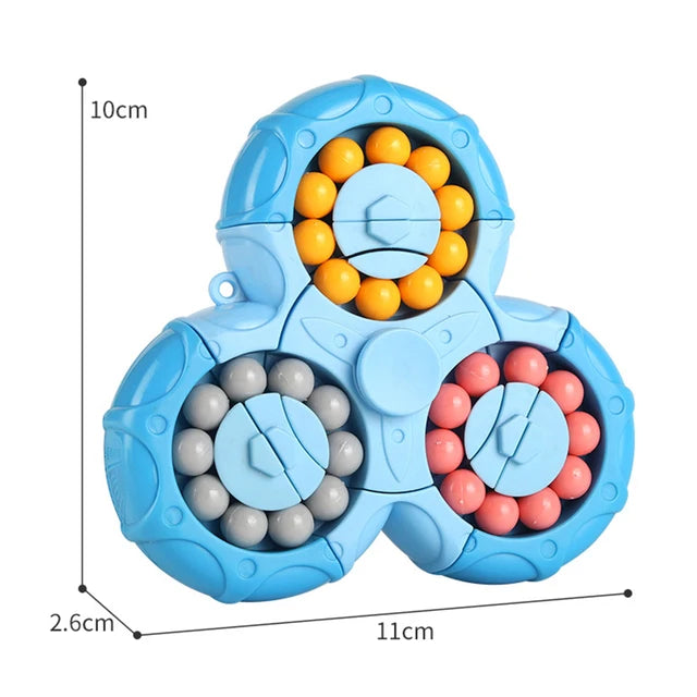 Blue bead puzzle with yellow, gray, and pink beads and 11 by 10 by 2.6 cm measurements