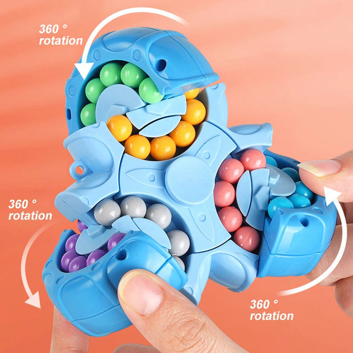 Hands turn the blue bead puzzle&