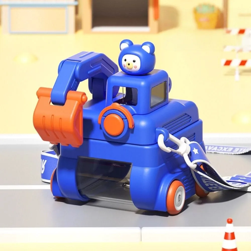 Blue excavator water bottle with a bear topper, orange scoop, and carrying strap