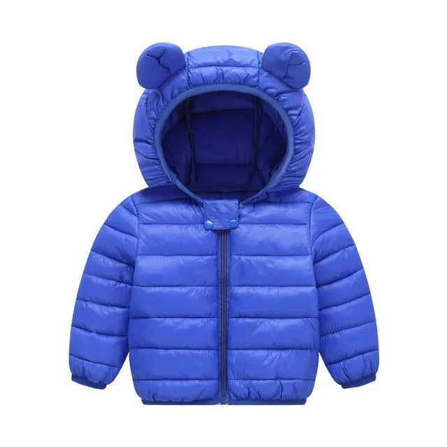 Front view of a solid blue puffer jacket with horizontal quilting and a bear-ear hood