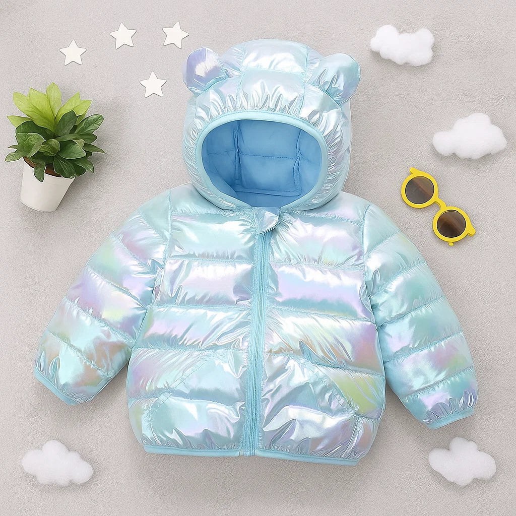 Blue bear-ear puffer jacket with a zip front and two pockets