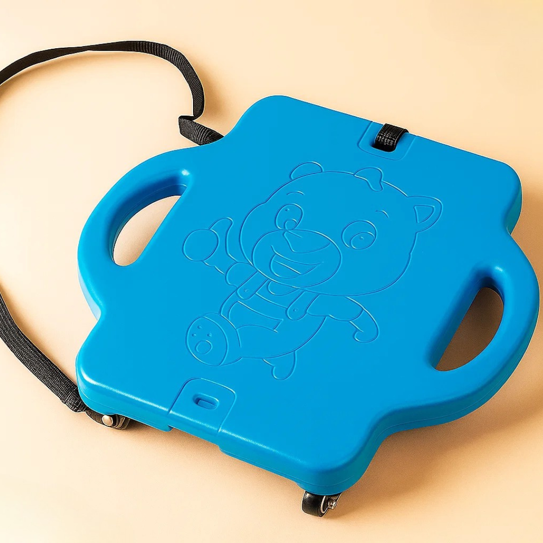 Blue scooter board with side handles, a bear design, caster wheels, and an attached black pull rope