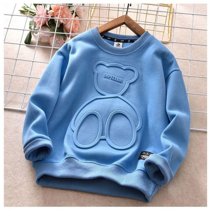 Front of a blue bear sweatshirt with ribbed neckline, cuffs and hem