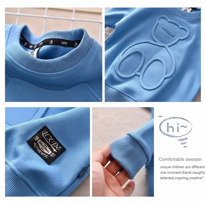 Detail collage of the blue sweatshirt&