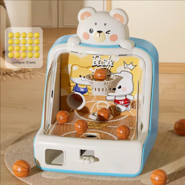 Blue bear tabletop basketball game with a clear front and mini basketballs
