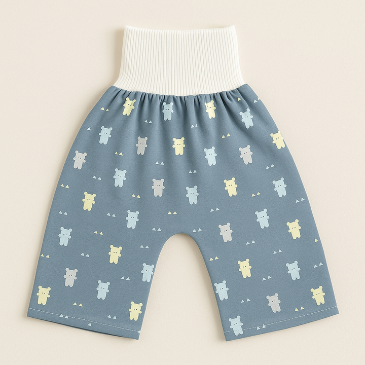 Blue bear-print training pants with a white ribbed waistband