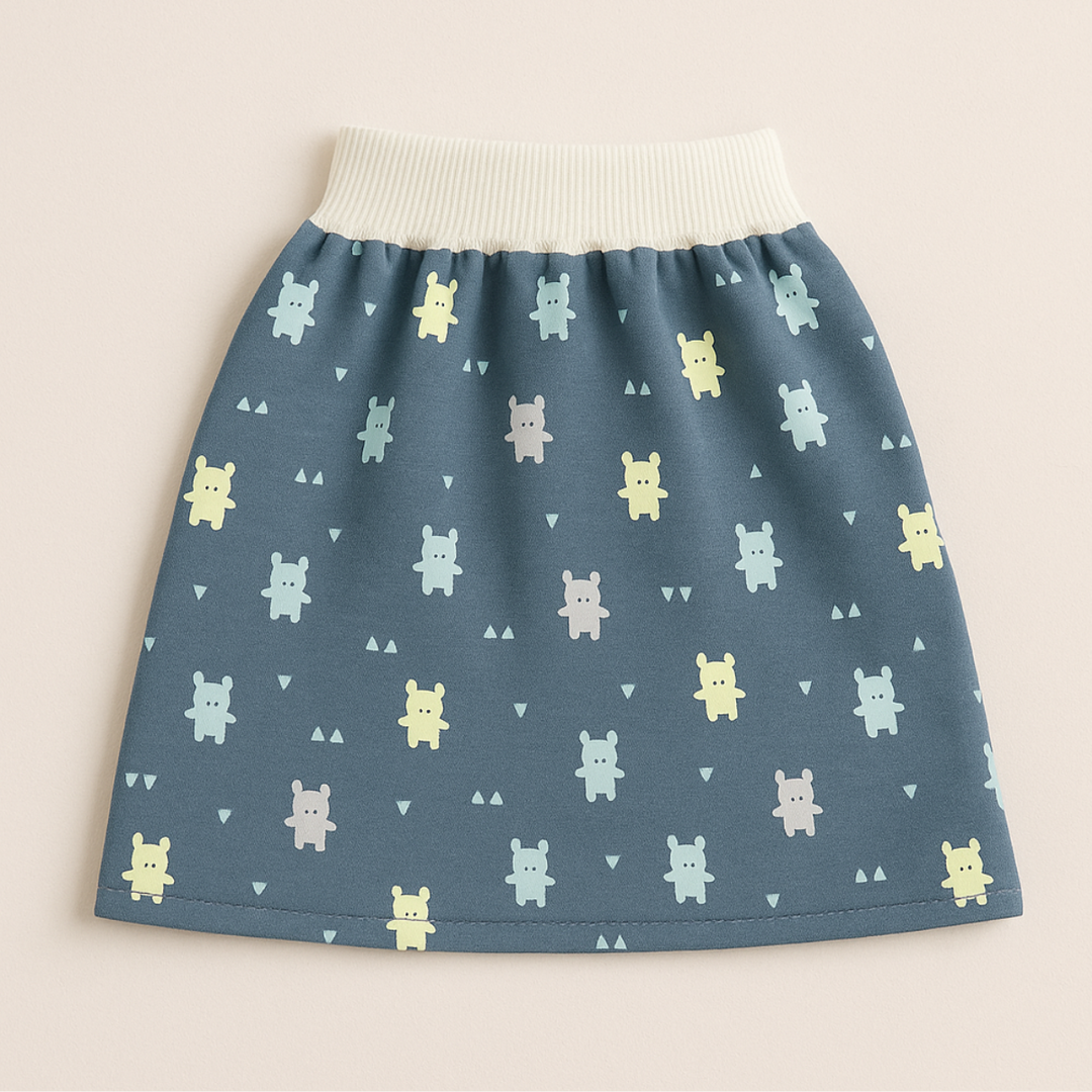 Blue bear-print training skirt with a white ribbed waistband