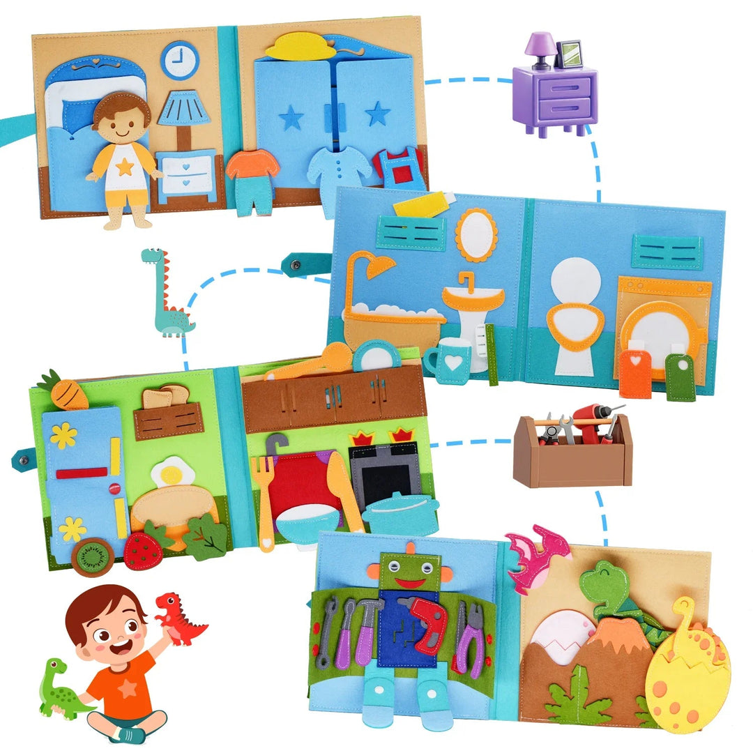Blue activity book spread with movable clothing, bathroom items, kitchen pieces, tools, and dinosaurs