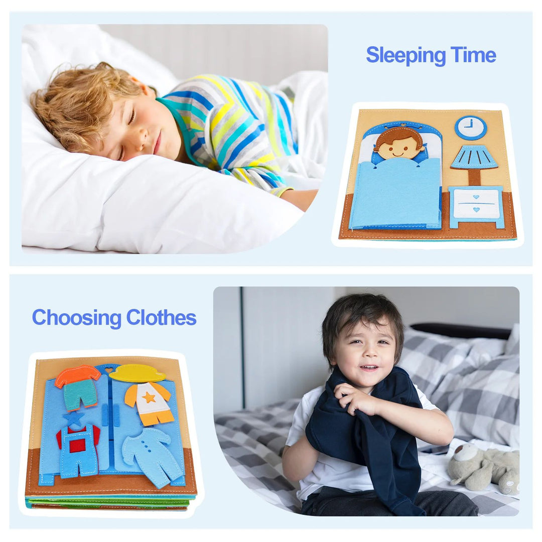 Bedtime and dressing activity pages paired with a sleeping child and a child getting dressed