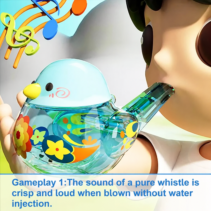 Illustrated child blowing into the tail of a blue bird whistle
