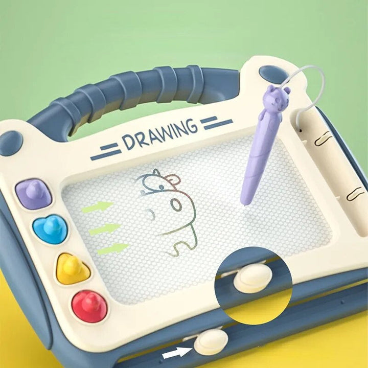 Blue drawing board with a tethered purple stylus, dinosaur sketch, and sliding eraser