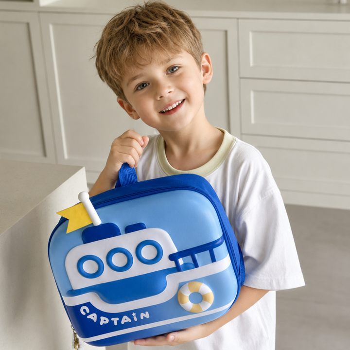 Child holding the blue boat backpack by its top handle