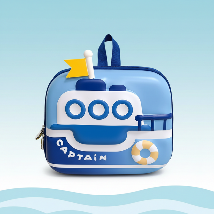 Blue boat backpack with a yellow flag, portholes and a life ring detail