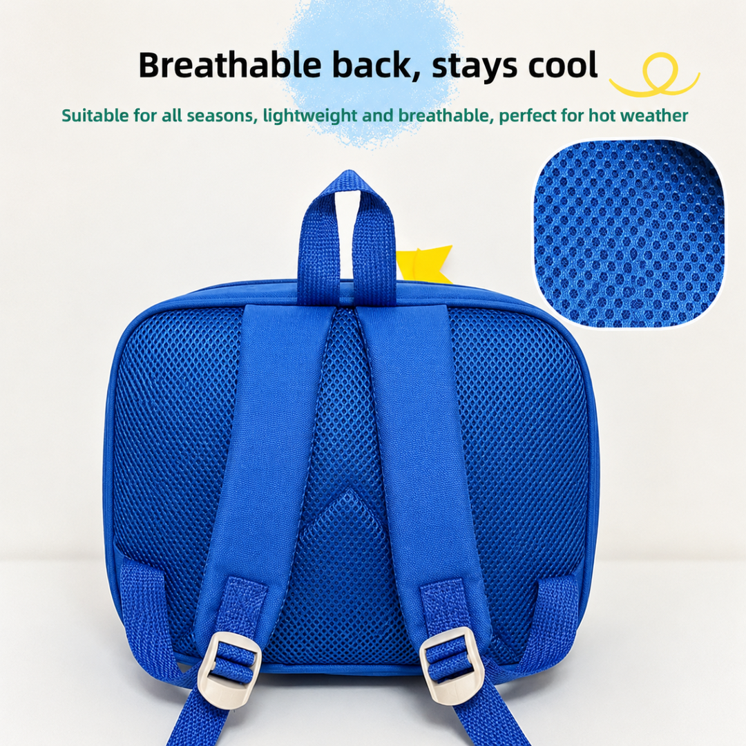 Back of the blue backpack showing mesh panels and adjustable shoulder straps