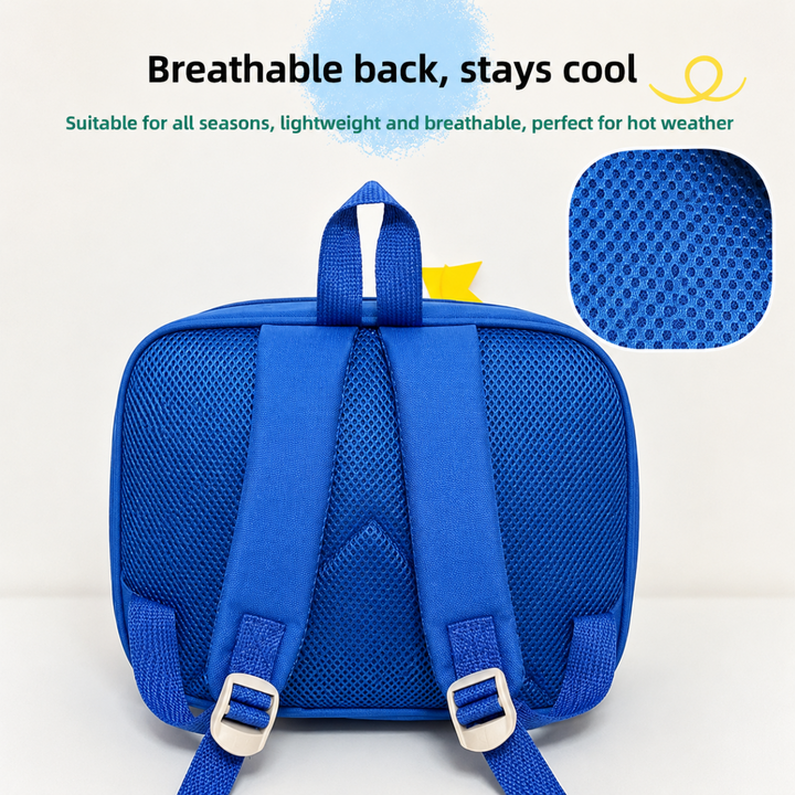 Back of the blue backpack showing mesh panels and adjustable shoulder straps