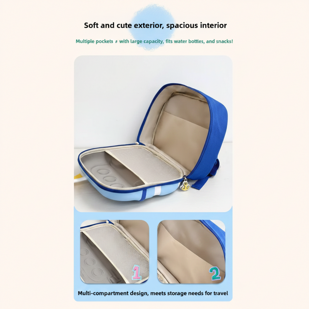 Open blue boat backpack showing the main compartment and interior pockets