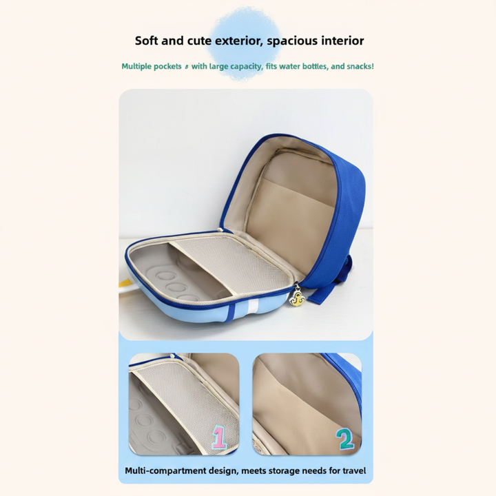 Open blue boat backpack showing the main compartment and interior pockets