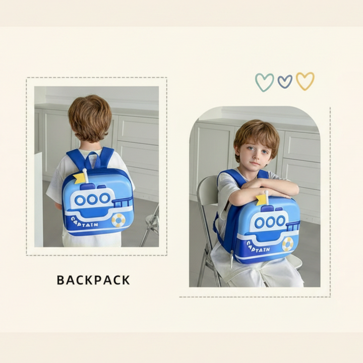 Two views of a child wearing and holding the blue boat backpack