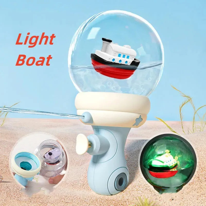 Blue boat water gun with a red-and-white boat inside the globe and a green light-up inset