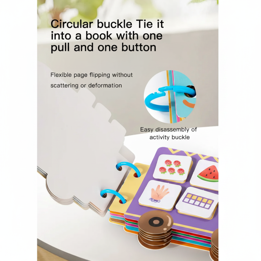 Close-up of blue binding rings holding the bus-shaped activity pages together.