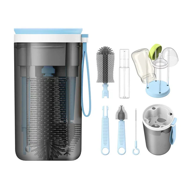 Blue bottle brush kit with a storage case, drying rack, and cleaning accessories