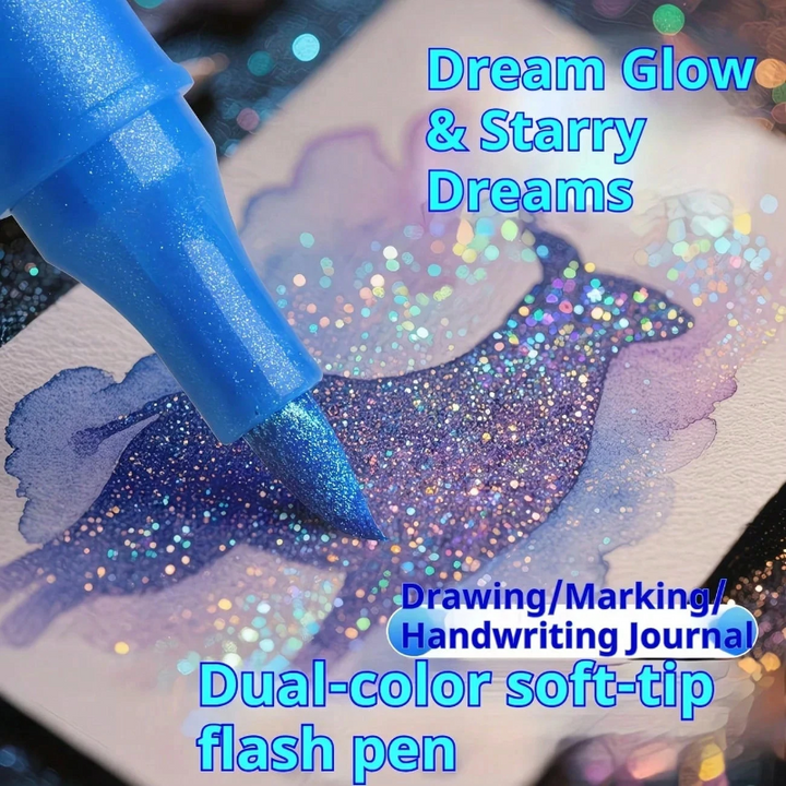 Blue brush-tip marker adding sparkling color to a drawing