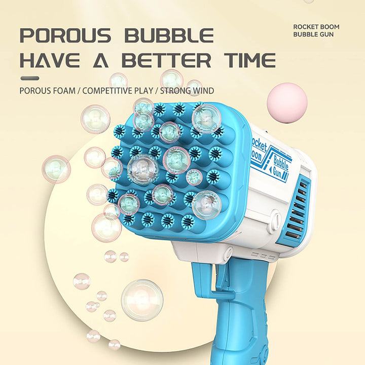 Blue and white bubble gun showing its 32-hole front surrounded by bubbles