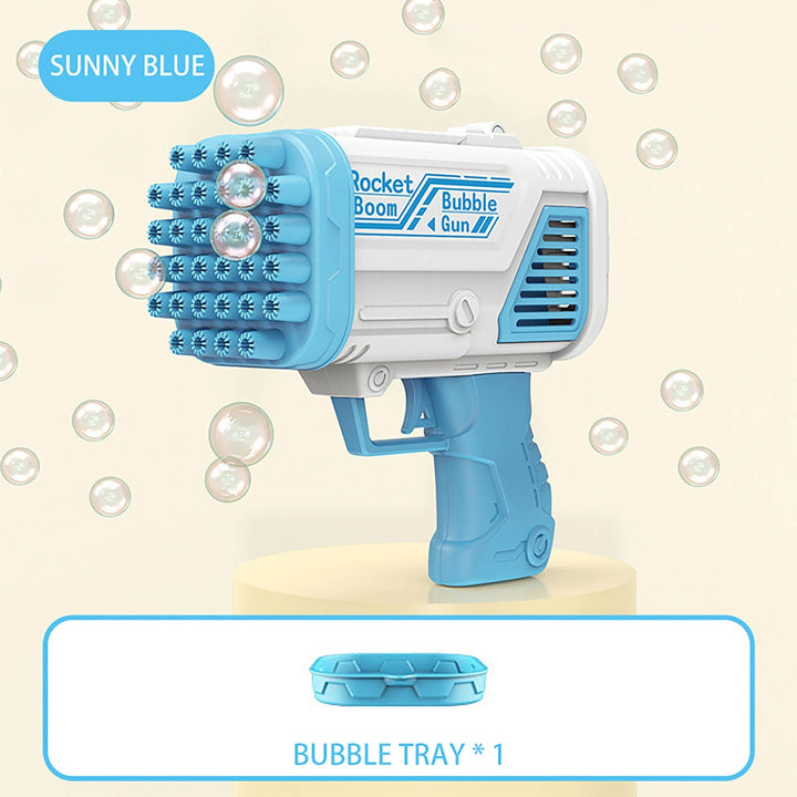 Blue bubble gun pictured with the included soap bubble tray