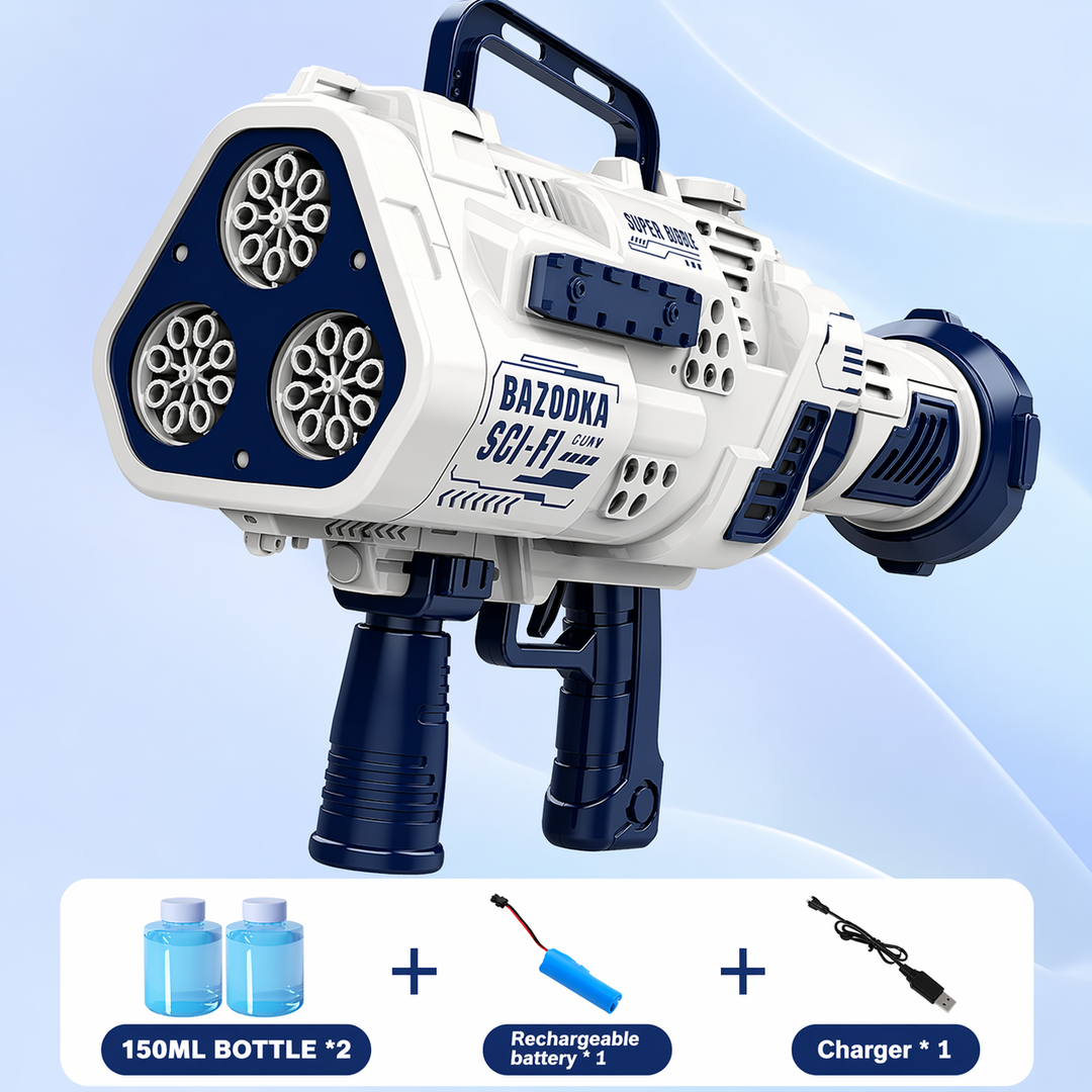 Blue bubble gun with two 150 mL bottles, one rechargeable battery and one charger